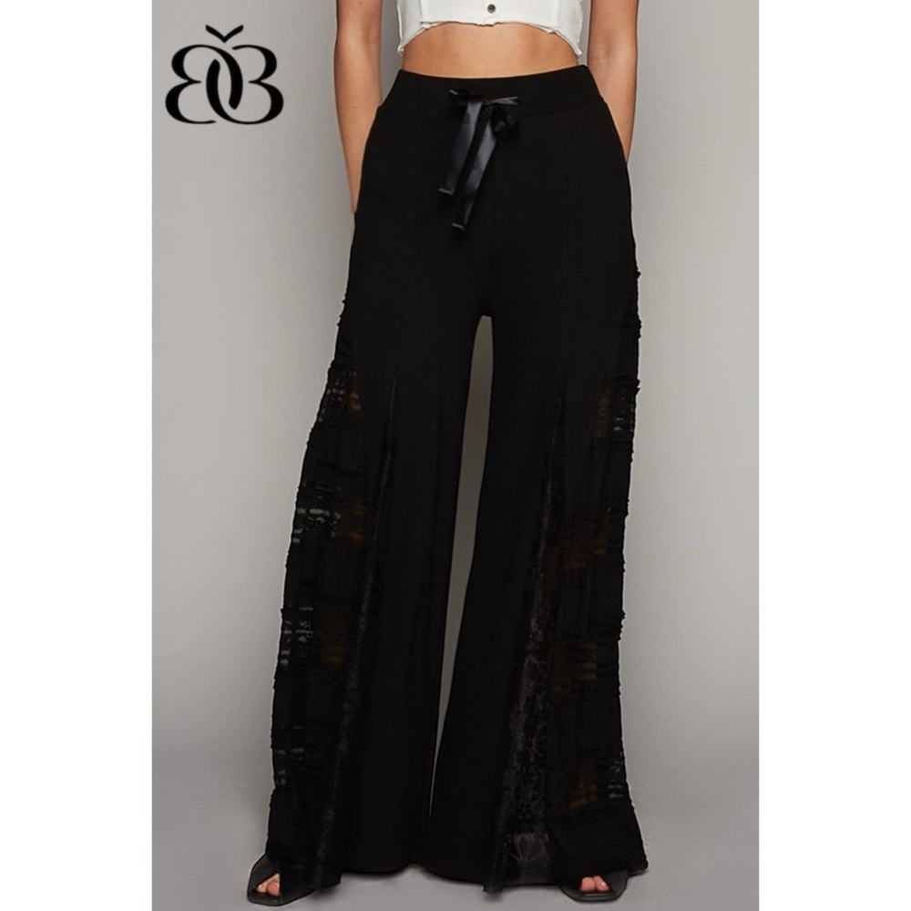 POL Black Rib Knit Lace Panel Flare Pants | Patchwork Wide Leg Pull On - Picture 9 of 13